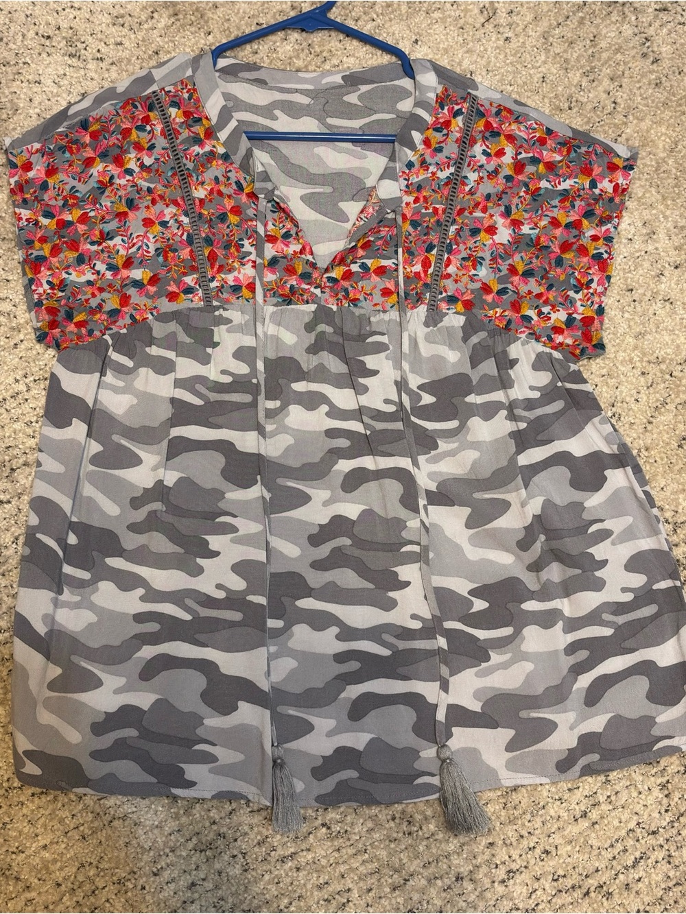 ELF Gray Camo Tunic with Multicolor Floral Yoke